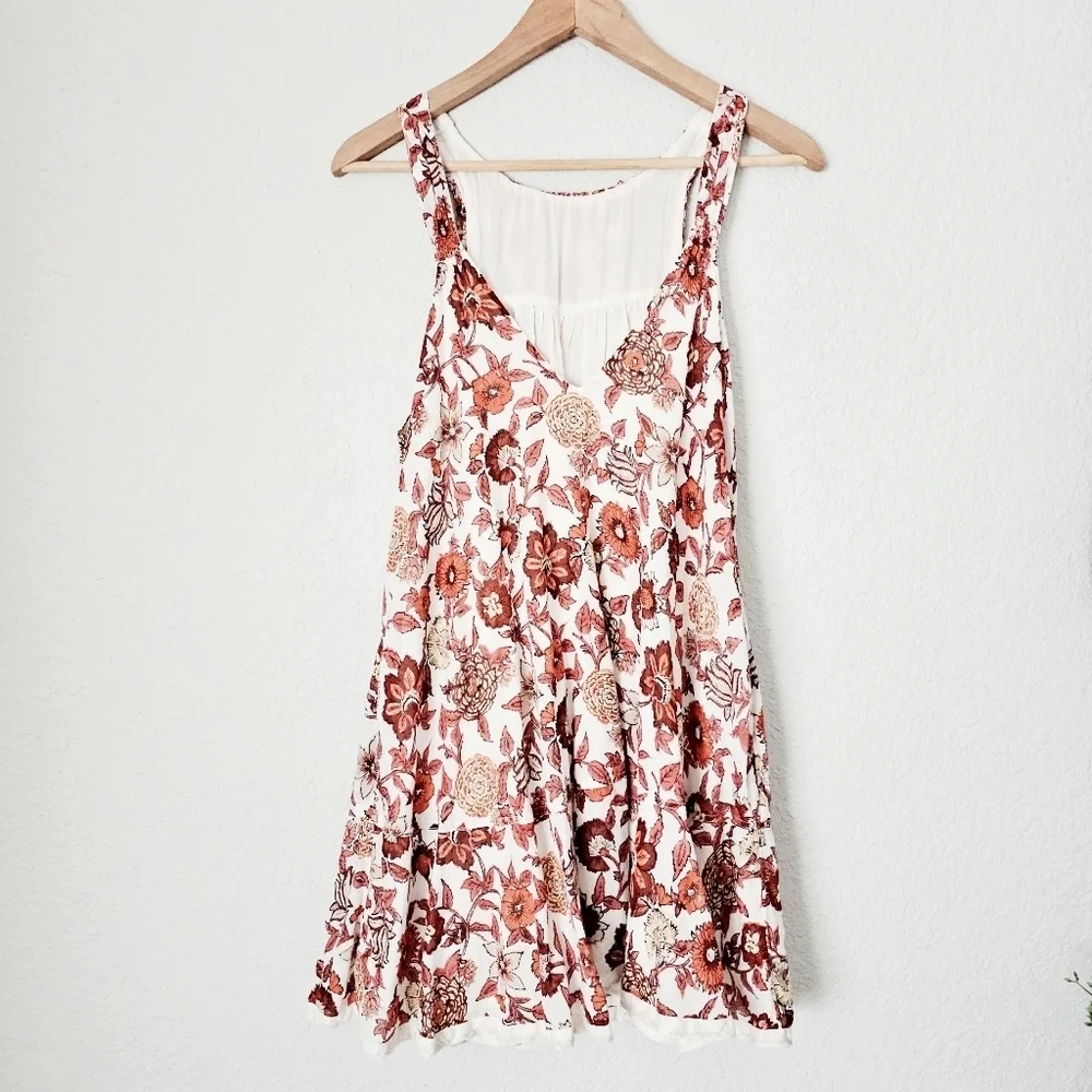 Free People Oh Baby Floral Mini Dress Swing Fully Lined White Cotton Smocked XS